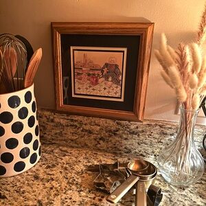 🍎 Vintage Framed Folk Art Print – Gingerbread & Country Kitchen Theme